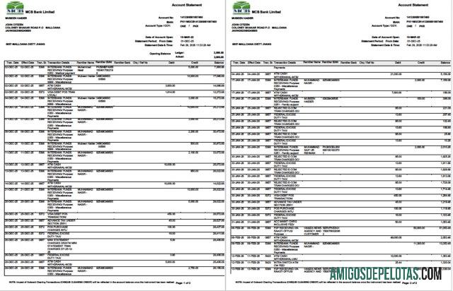 Extrato de conta bancária MCB do Paquistão para impressão, modelo Word e PDF, 2 páginas