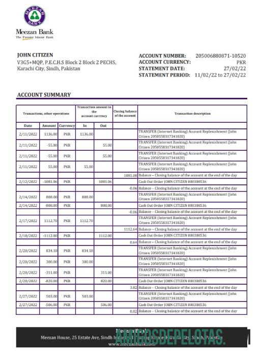 Modelo Xls do extrato bancário Meezan do Paquistão