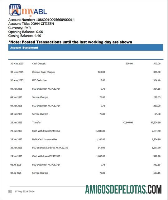 Extrato de conta Myabl do Paquistão para download, modelo Word e PDF