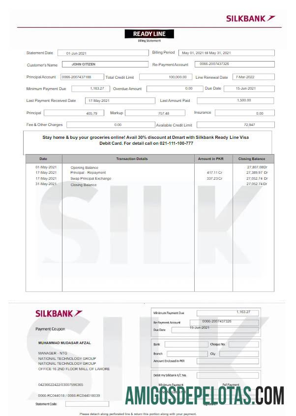 Declaração realista do Paquistão Silkbank Word e PDF modelo Scr