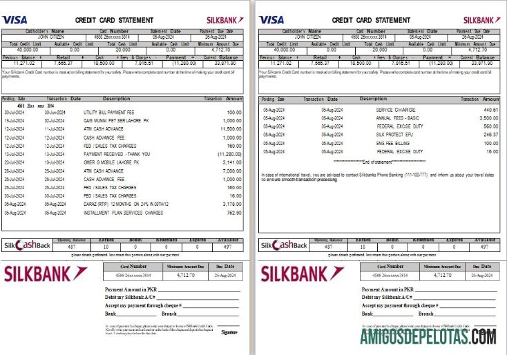 Declaração realista do Paquistão Silkbank modelo Word e PDF, 2 páginas