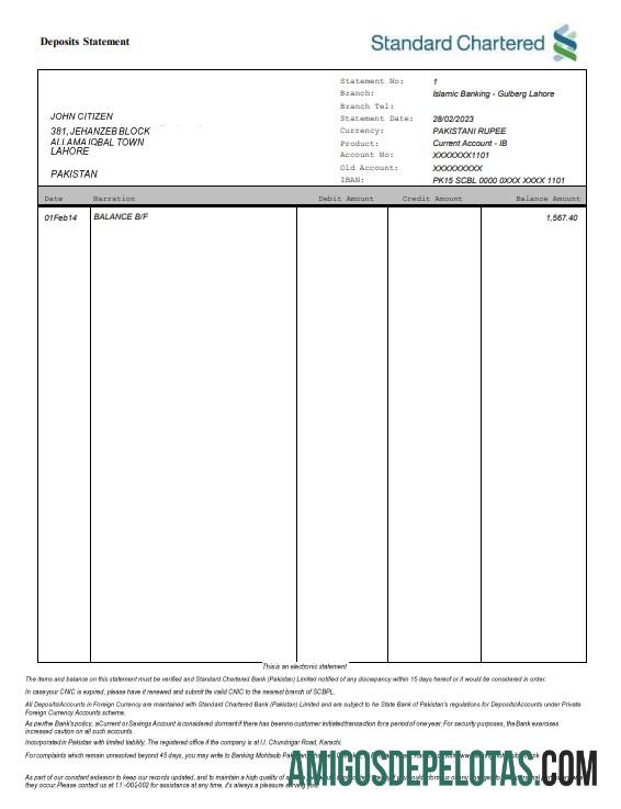Modelo de extrato bancário padrão do Paquistão para impressão em Word e PDF