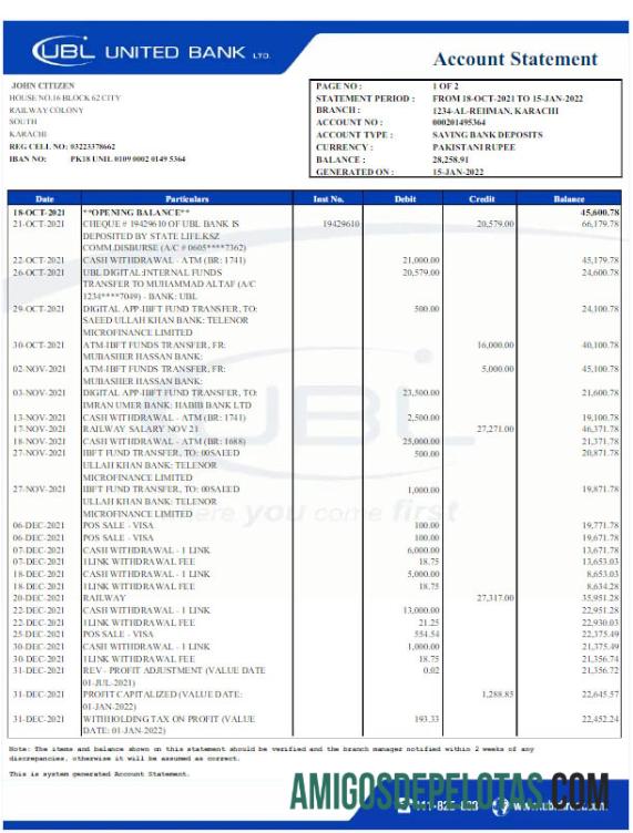 Extrato bancário UBL realista do Paquistão Word e PDF modelo Scr