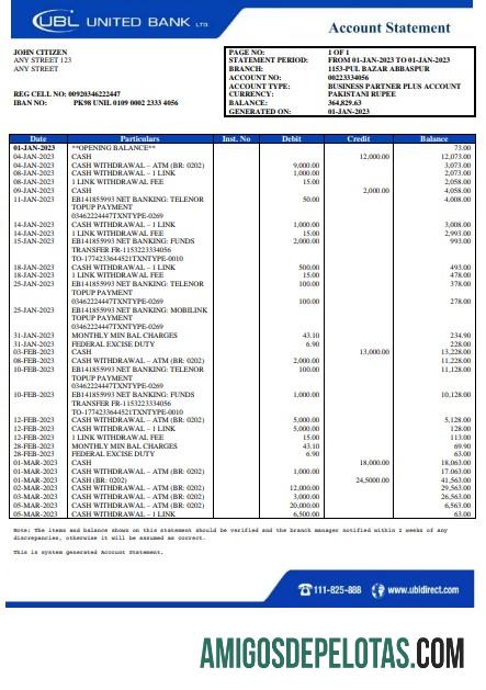Modelo realista de extrato bancário UBL do Paquistão em Word e PDF