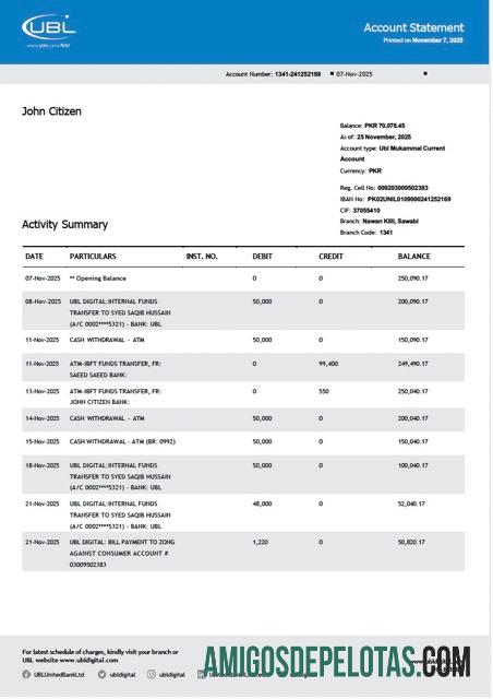 Extrato de conta do Paquistão United Bank Limited para impressão, modelo Word e PDF