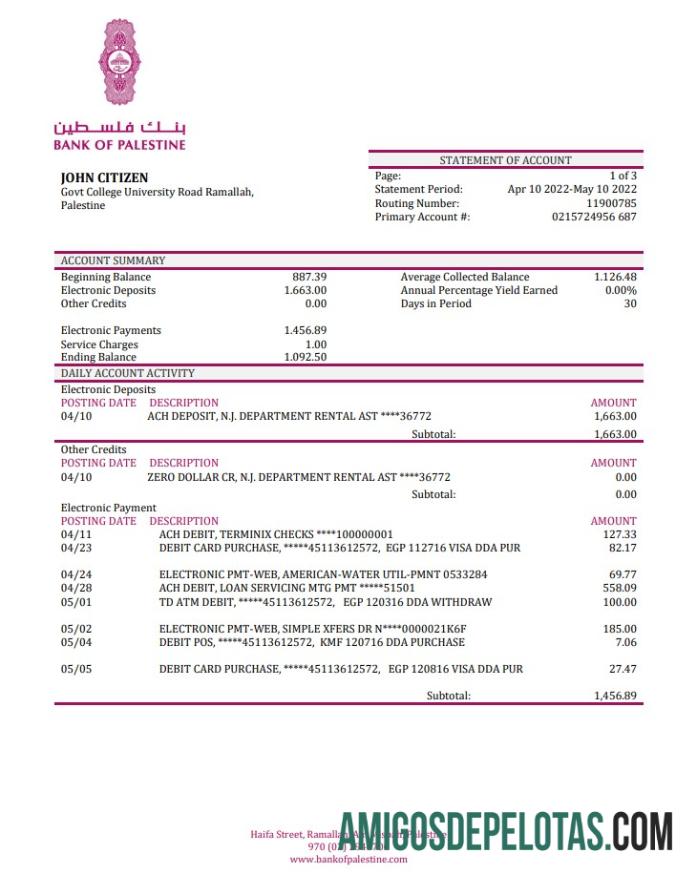 Palestine Bank Of Palestine extrato bancário amostra