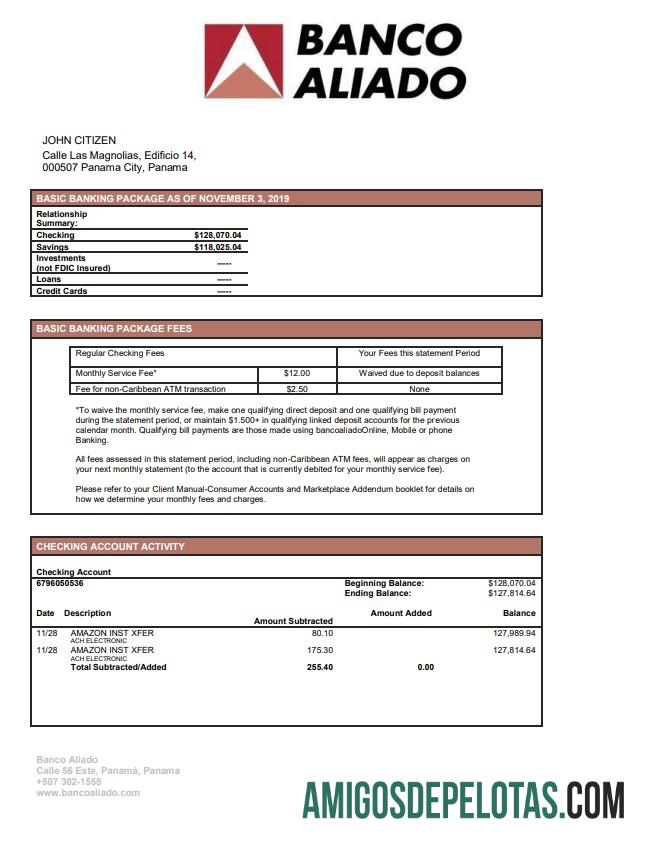 Panama Banco Aliado extrato bancário amostra