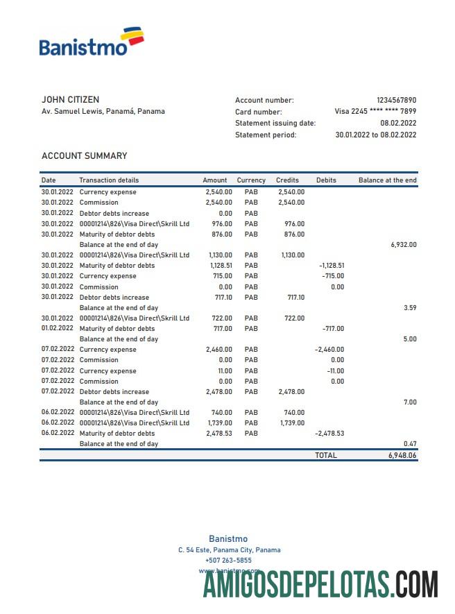 Extrato bancário Banistmo do Panamá modelo Xls