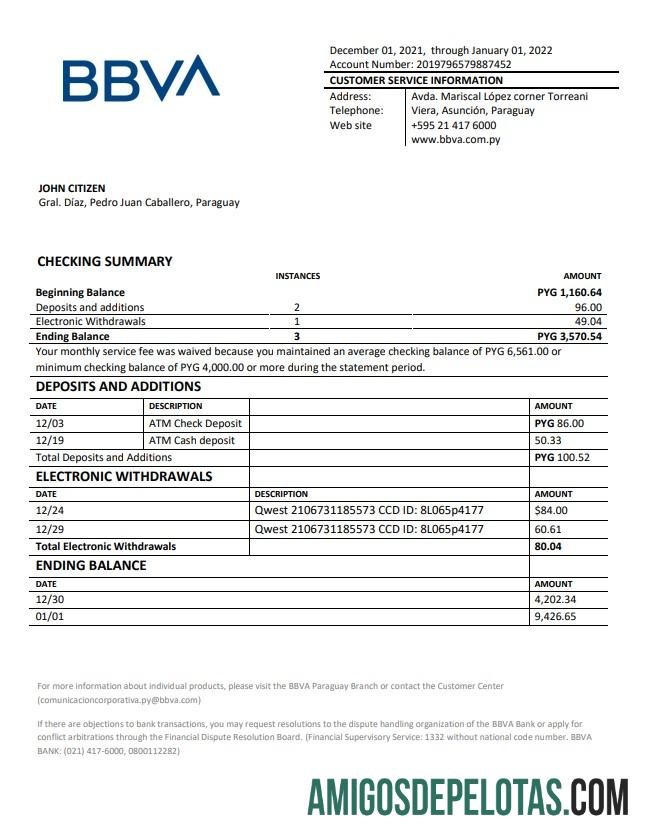 Exemplo de extrato bancário do Paraguai BBVA
