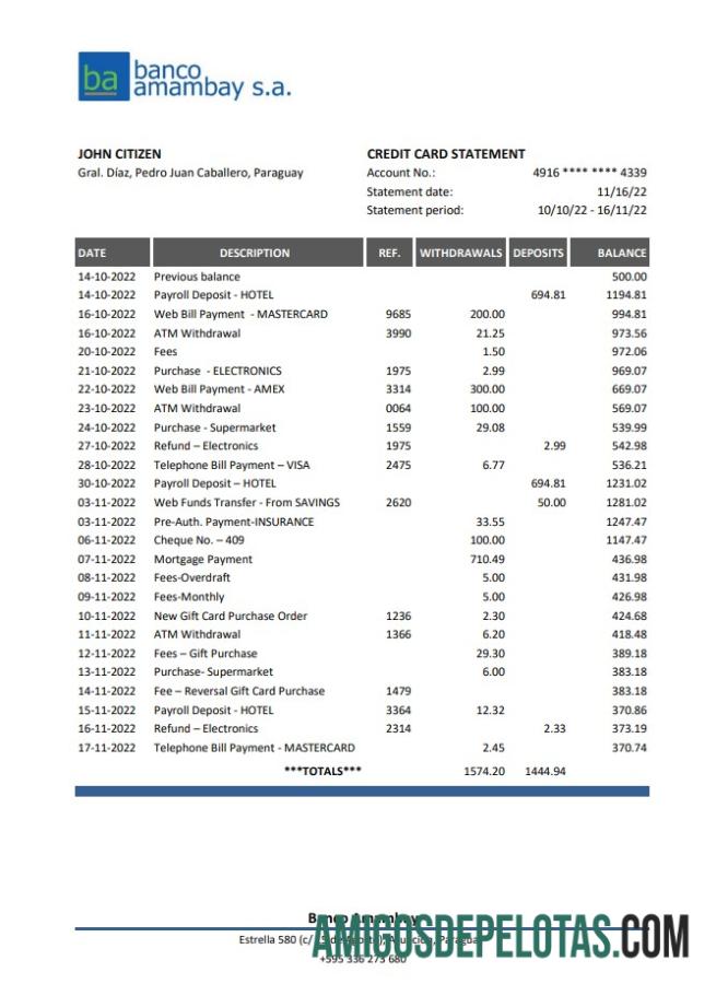 Paraguay Banco Amambay Bank Statement XLS examplo