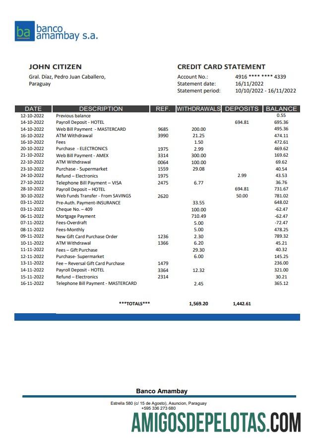 Paraguay Banco Amambay extrato bancário amostra
