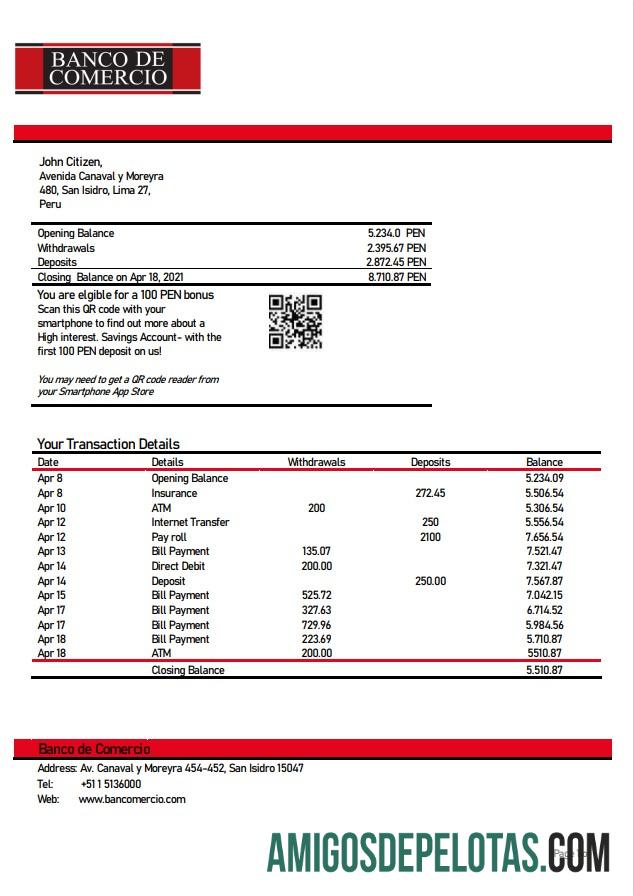 Peru Banco De Comercio Bank Statement examplo