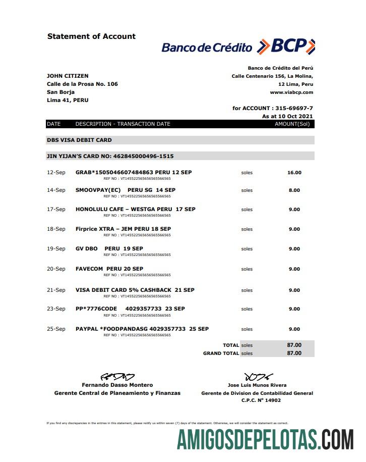 Peru Banco De Credito Del Peru (BCP) Excel Pdf amostra