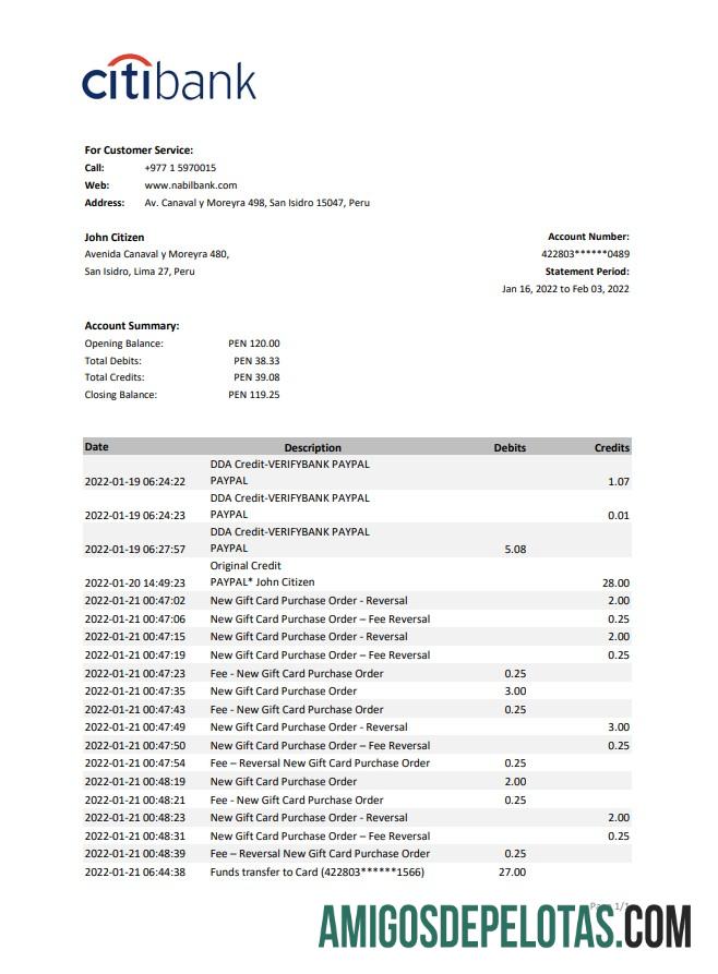 Extrato bancário realista do Peru Citibank em Excel e modelo PDF