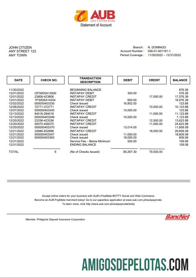 Exemplo de extrato de conta do Filipinas Asia United Bank (AUB)