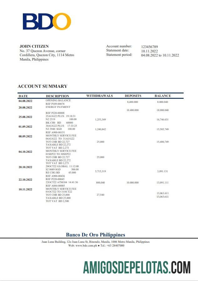 Philippines BDO extrato bancário amostra