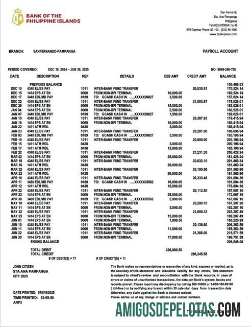 Extrato de conta do Banco das Ilhas Filipinas para impressão, modelo Word e PDF