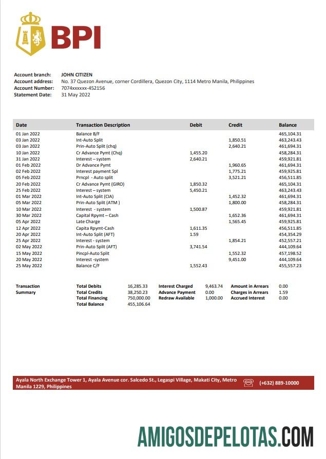 Modelo de extrato bancário do Banco das Filipinas para download em formato Word e PDF