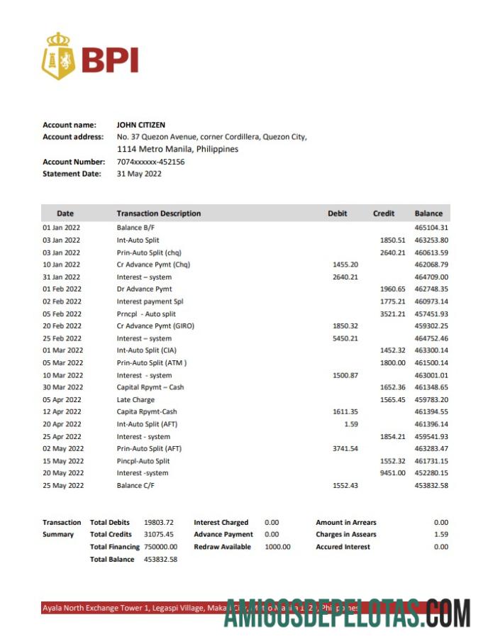 Modelo de extrato bancário do Banco das Ilhas Filipinas das Filipinas