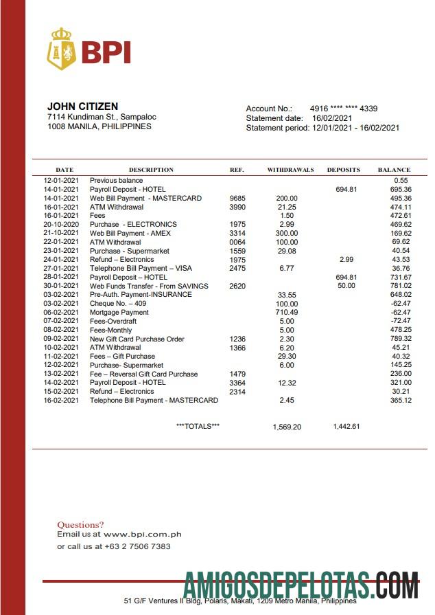 Modelo de extrato bancário para impressão do Banco das Ilhas Filipinas para impressão em formato Word e PDF