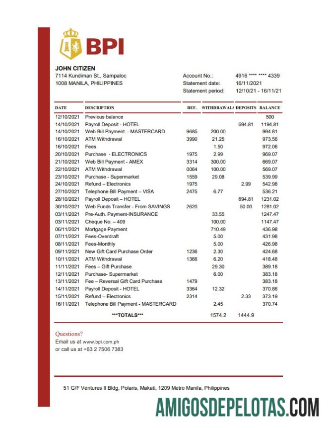 Extrato bancário em branco do Banco das Filipinas, modelo fácil de preencher em formato Excel e PDF