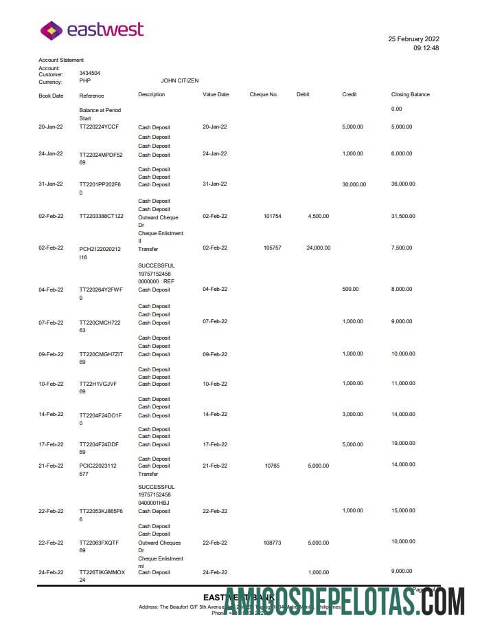 Modelo de extrato bancário EastWest das Filipinas para impressão em formato Excel e PDF