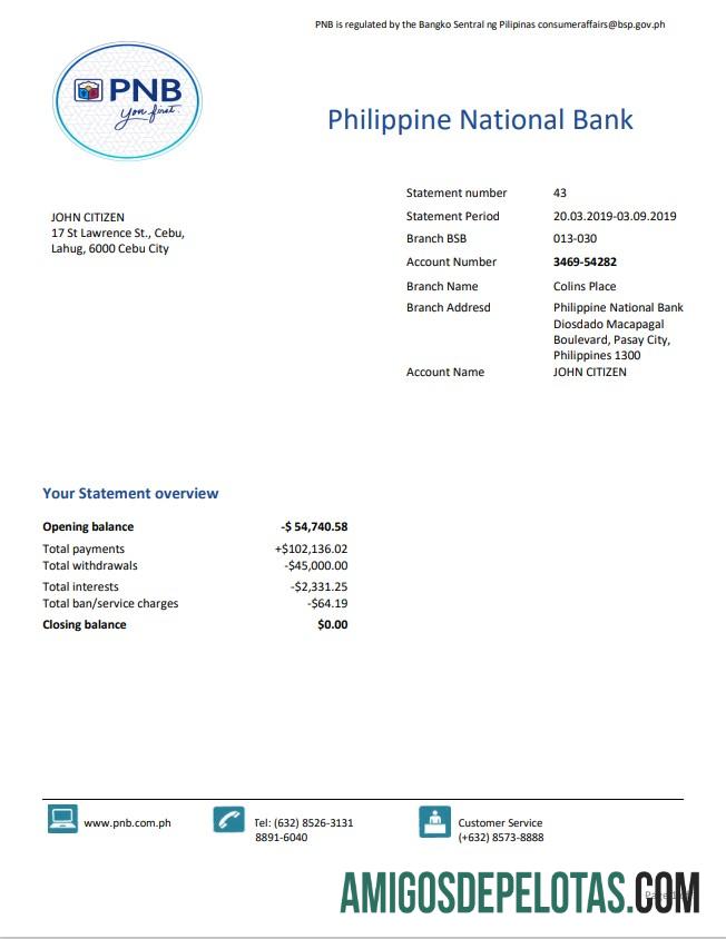 Modelo de extrato bancário de comprovante de endereço do Banco Nacional das Filipinas (PNB) para download em formato Word e PDF