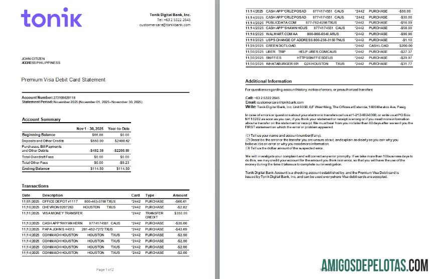 Extrato de cartão de débito Visa Premium das Filipinas para download, modelo Word e PDF Scr, 2 páginas