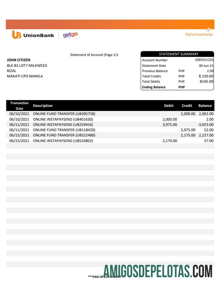 Philippines Unionbank Excel modelo