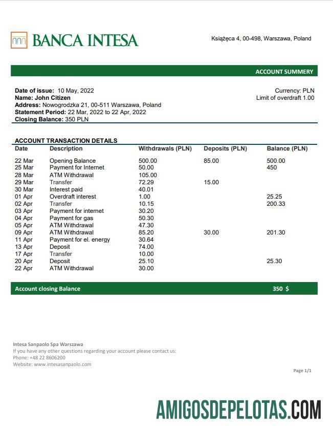Poland Banca Intesa extrato bancário amostra