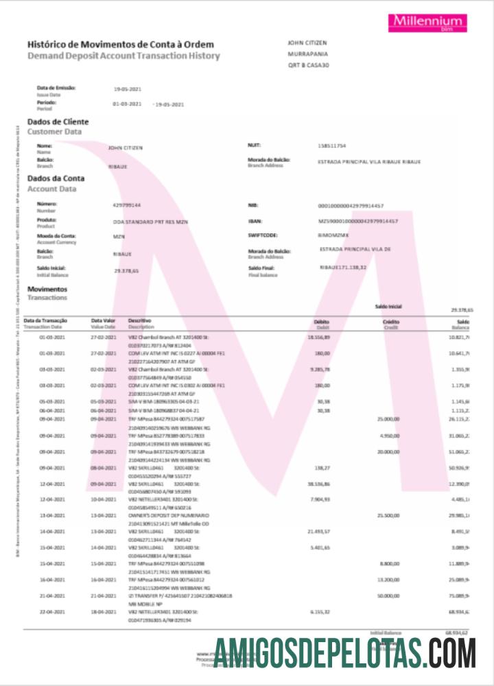 Modelo Word e PDF para impressão do extrato do Millennium Bank da Polônia