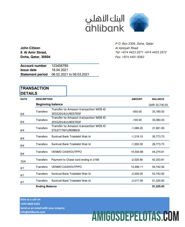 Qatar Ahli Bank Excel Pdf modelo