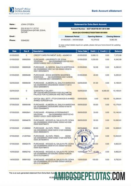extrato em branco da conta bancária Qatar Doha E modelo Word e PDF