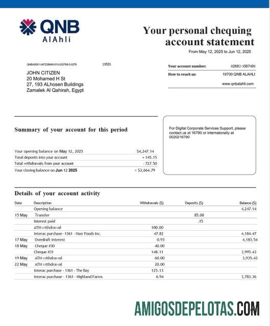 Modelo de extrato de conta bancária Qatar QNB Alahli para impressão em Word e PDF