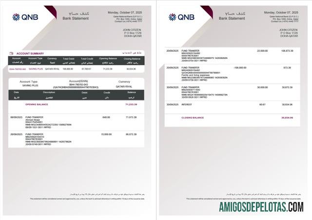 Extrato bancário realista do Catar QNB, modelo Word e PDF, 2 páginas
