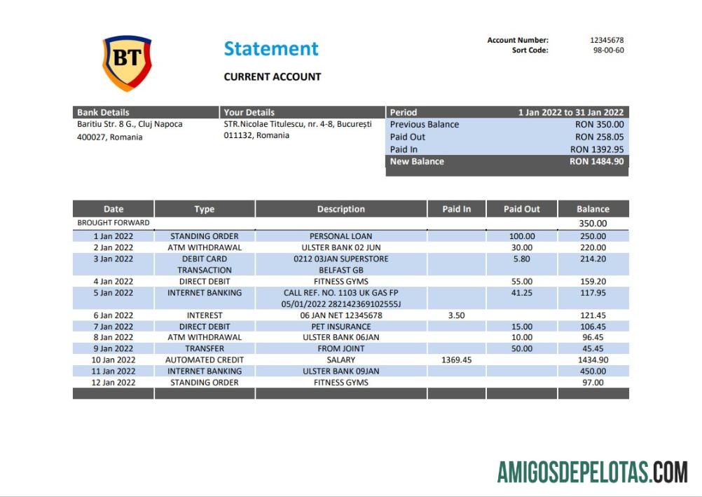 Exemplo de extrato bancário do Romênia Banca Transilvania