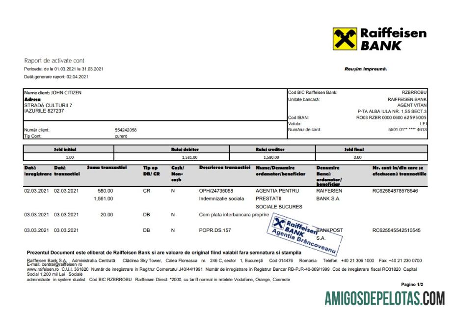 Modelo realista de extrato bancário Raiffeisen da Romênia em formato Excel e PDF