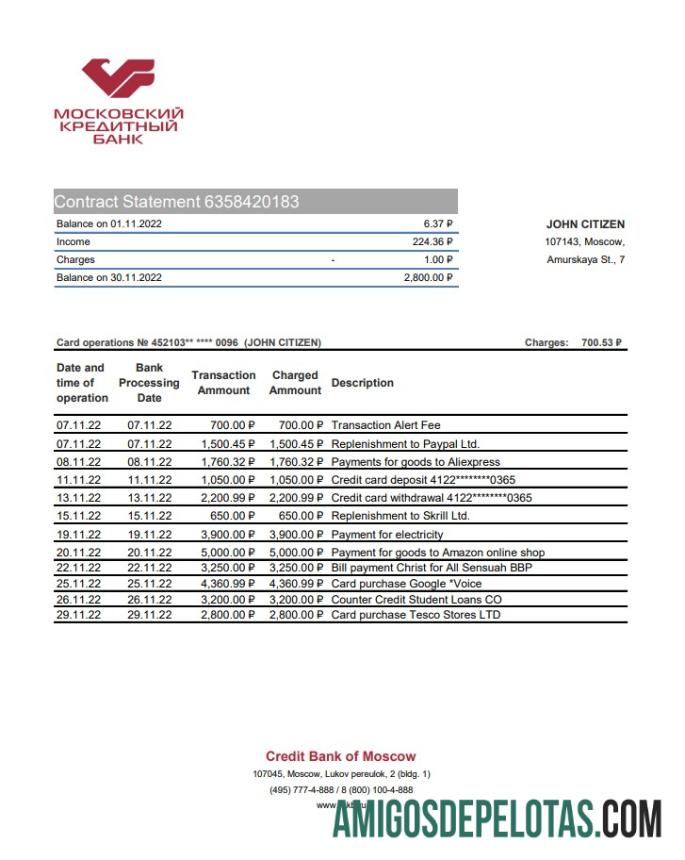 Modelo Xls do extrato bancário do Banco de Crédito da Rússia de Moscou