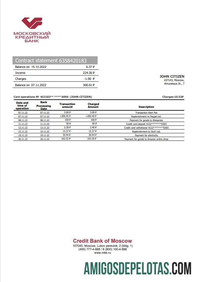Modelo de extrato bancário do Banco de Crédito da Rússia de Moscou