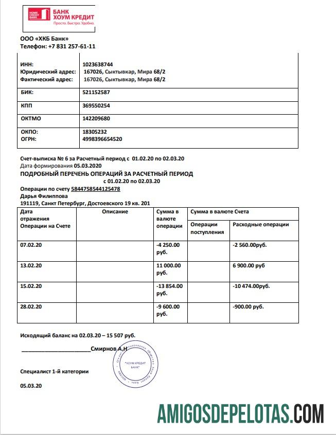 Modelo realista de extrato bancário de crédito residencial da Rússia em formato Word e PDF, bom para provar endereço
