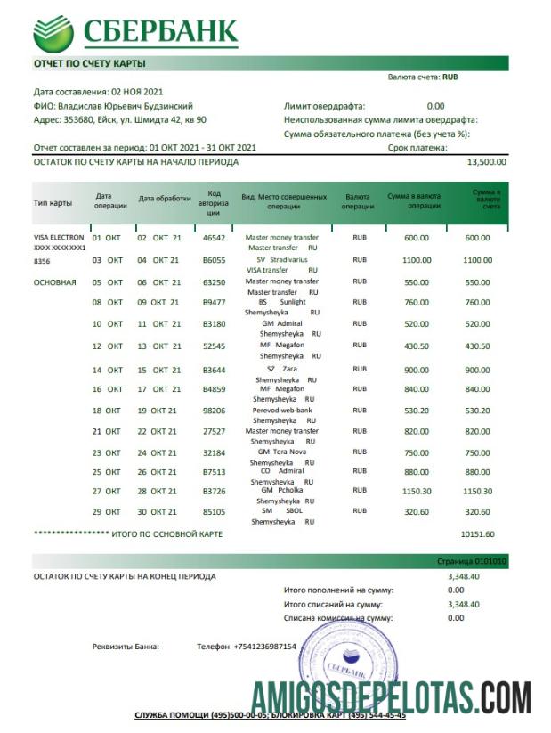 Extrato bancário do Sberbank da Rússia em branco, modelo fácil de preencher em formato Excel e PDF