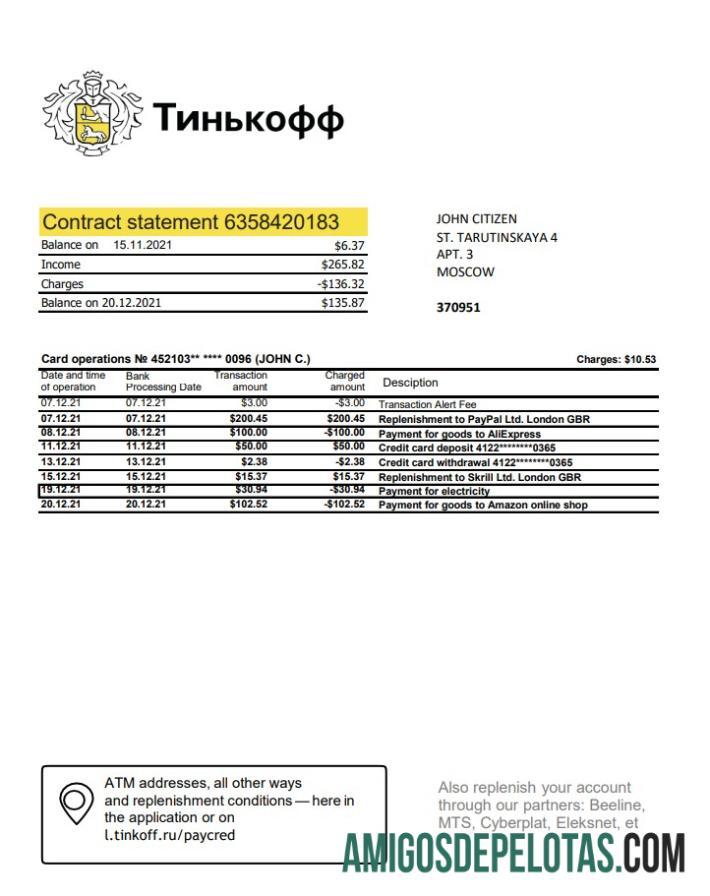 Rússia Tinkoff (versão em inglês) Excel PDF exemplo