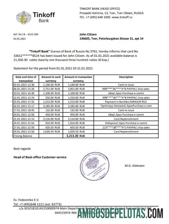 modelo de comprovante de endereço em branco da Rússia Tinkoff Bank em formato Excel e PDF (.xls e .pdf)