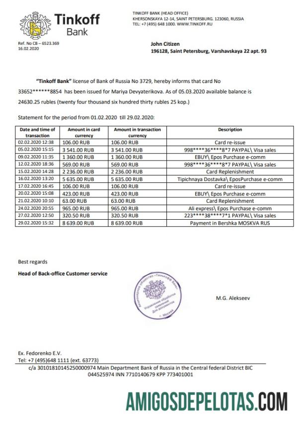 Modelo realista de comprovante de endereço do Banco Tinkoff da Rússia em formato Word e PDF (.doc e .pdf)