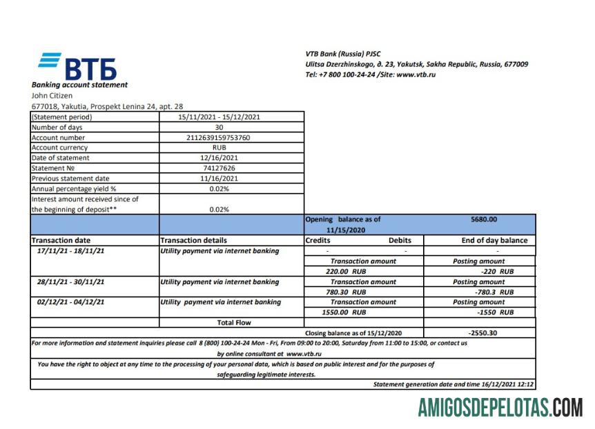 Extrato bancário VTB da Rússia para download, modelo fácil de preencher em formato de arquivo .xls e .pdf