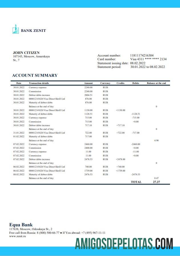 Russia Zenit extrato bancário amostra
