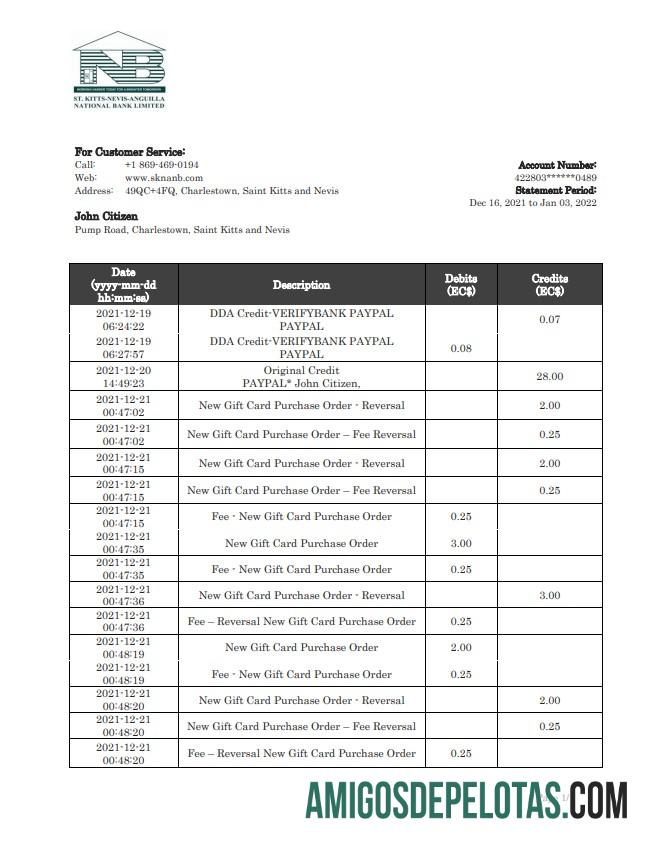Saint Kitts And Nevis SKNA modelo de extrato bancário