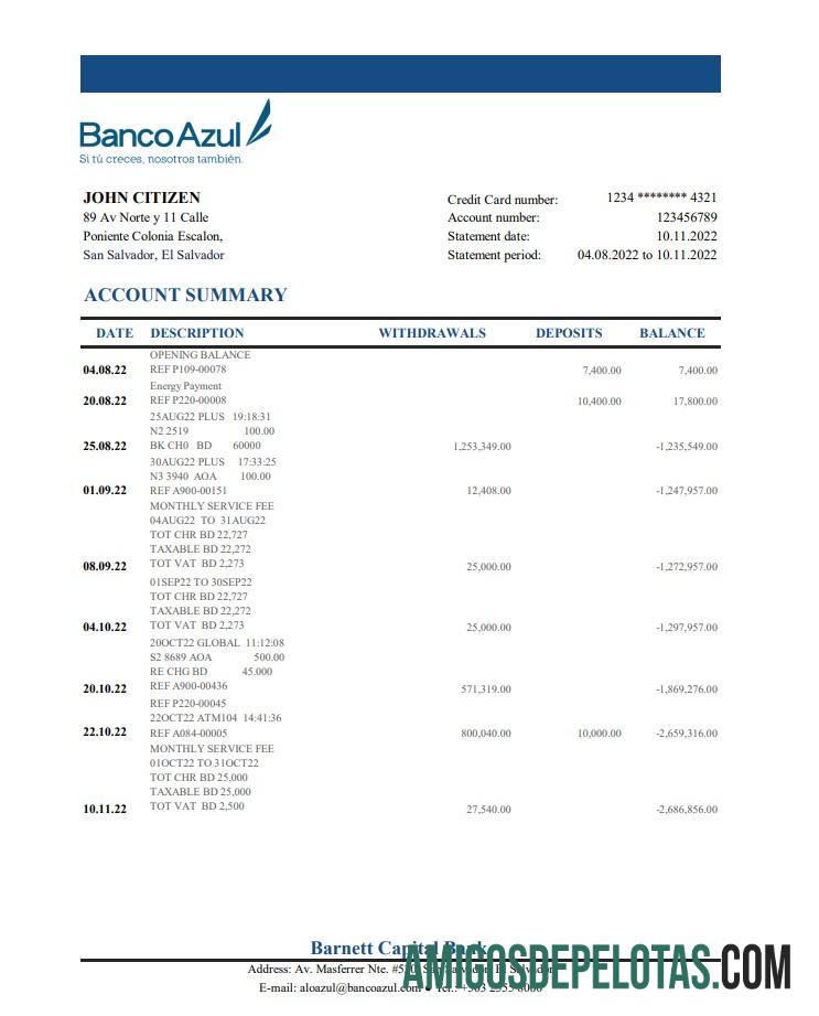Salvador Banco Azul Bank Statement Xls amostra