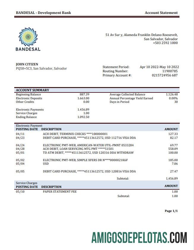 Salvador Bandesal extrato bancário amostra