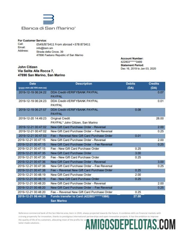 Modelo realista de extrato bancário do San Marino Banca Di San Marino, formato Word e PDF (.doc e .pdf)